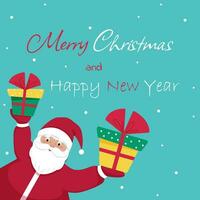 weihnachtsmann gibt geschenke grußkarte, frohe weihnachten und neujahr. vektorillustration im flachen karikaturstil vektor