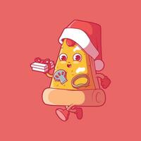 pizza skiva karaktär klädd som santa vektor illustration. leverans, mat, Semester design begrepp.