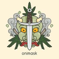 grön onimask och en dolk av rök japan retro etsning klotter platt tecknad serie vektor illustration
