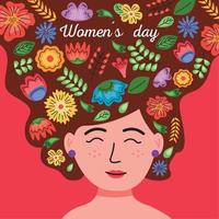 internationell kvinnor dag text kort i de kvinna hår med blommig dekoration vektor