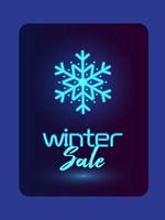 vinter- försäljning vertikal baner med neon blå snöflinga på mörk blå bakgrund. vektor