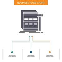 Internet. Seite. Netz. Website. Wireframe-Business-Flow-Chart-Design mit 3 Schritten. Glyphensymbol für Präsentationshintergrundvorlage Platz für Text. vektor