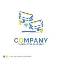 Videoüberwachung Kamera. Sicherheit. Überwachung. Technologie blau gelb Business-Logo-Vorlage. Platz für kreative Designvorlagen für den Slogan. vektor