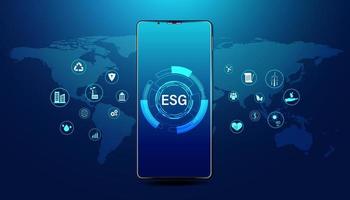 abstrakte esg mit symbolkonzept telefon und weltkarte nachhaltige unternehmensentwicklung umwelt, sozial und führung auf einem modernen blauen hintergrund. vektor