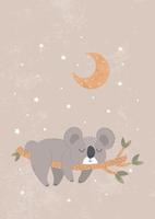 süßer koala, der auf einem ast unter dem mond unter den sternen schläft. Kinderzeichnung für Poster, Stoffdrucke und Postkarten. Vektor