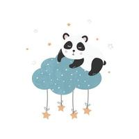 söt liten panda på en moln med stjärnor. barns illustration för affischer, tyg grafik och barns kort på en vit bakgrund. vektor
