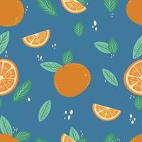 Vektor Musterdesign mit Orangen und Blättern. sommerliche bunte tapete. energischer, frischer und fruchtiger Hintergrund. Orangensaft zum Frühstück. gesunde und natürliche Zitrusfrüchte