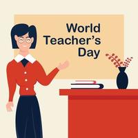 illustration vektor grafisk av de lärare är stående i främre av de svarta tavlan, visning en blomma vas och böcker på de tabell, perfekt för internationell dag, värld lärarens dag, fira, etc.