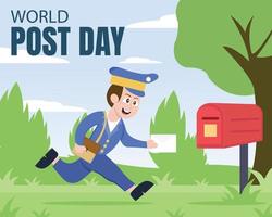 Illustrationsvektorgrafik des Postboten, der auf den Briefkasten zuläuft, der einen Briefumschlag hält, perfekt für internationalen Tag, Weltposttag, Feiern, Grußkarte usw. vektor