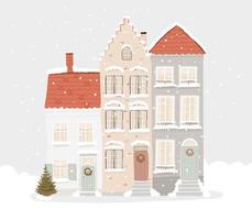 isoliert drei europäische häuser mit weihnachtsdekoration und weihnachtsbaum. verschneite Altstadtlandschaft. hand gezeichnete vektorillustration im flachen stil vektor
