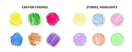 Buntstiftstriche Vorlagen von Story-Highlight-Covern für soziale Medien. Gebrauchsfertige Scribble-Designelemente vektor