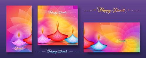 set bunte karte, fröhliches diwali fest der lichter indien feier. Grafisches Bannerdesign indischer Lotus-Diya-Öllampen, modernes Design in lebendigen Farben. Vektorkunststil, Hintergrund mit Farbverlauf vektor