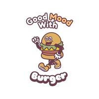 retro årgång gammal t-shirt design tema Bra humör med burger vektor