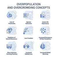 überbevölkerung und überbelegung hellblaue konzeptsymbole gesetzt. probleme und auswirkungen idee dünne linie farbillustrationen. isolierte Symbole. editierbarer Strich. vektor