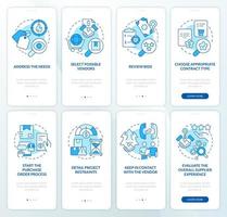 Vorbereitung des Beschaffungsplans Blue Onboarding Mobile App Screen Set. Komplettlösung 4 Schritte editierbare grafische Anweisungen mit linearen Konzepten. ui, ux, gui-Vorlage. vektor
