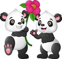 karikaturpaar panda mit blumen vektor