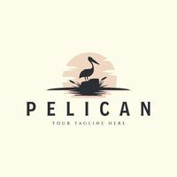 Pelikan mit Sonne und Rohrkolben Vektor Logo Vintage Template Illustration Design