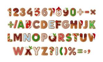 Lebkuchen-Alphabet und Zahlen. Reihe von isolierten Lebkuchenplätzchen. Weihnachtsbonbons. vektor
