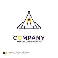 Firmenlogo-Design für Zelt. Camping. Lager. Campingplatz. draussen. lila und gelbes markendesign mit platz für tagline. kreative Logo-Vorlage für kleine und große Unternehmen. vektor