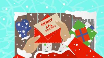 santa hält weihnachtsgrußkarte vektorillustration. festliche Fahne. geschenkboxen, eisfeiertagsplakat. vektor