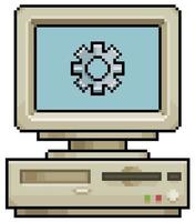 Pixelkunst alter Computer mit Zahnradsymbol Vektorsymbol für 8-Bit-Spiel auf weißem Hintergrund vektor