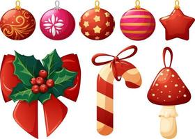 satz rote weihnachtsbaumspielzeuge, -bälle und -dekorationen vektor