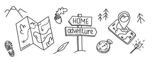 Abenteuer-Navigationsvektor. Outdoor-Navi-Ausrüstung Doodle-Set. Camping und Karten handgezeichnet. vektor