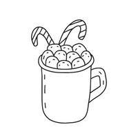 jul kopp av varm kakao med marshmallows och godis sockerrör klotter illustration. vektor jul efterrätt