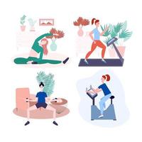 Sporttrainingsset für zu Hause. leute fitnessaktivität im zimmer, frau und mann, die zu hause körperliche übungen yoga und gymnastik machen. Sportillustration im flachen Stil. vektor