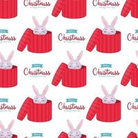 Weihnachtsmuster mit einem Kaninchen. Kaninchen in einer roten Geschenkbox. symbol von 2023. frohe weihnachten und neues jahr. Nahtloses Design aus festlichem Geschenkpapier und Weihnachtstextilien. vektor