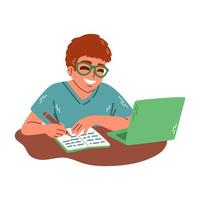 ung man i glasögon Sammanträde på en tabell och skrivning i anteckningsbok, studerar med bärbar dator. platt illustration av e inlärning och handledning begrepp. vektor
