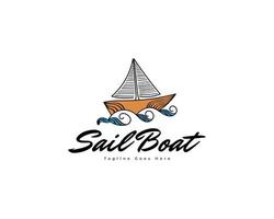 Vintage-Segelboot-Logo-Design mit Linienkunststil. segelboot mit blauer wellenillustration für logo-geschäftsidentität vektor