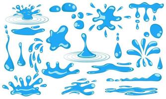 uppsättning tecknad serie blå droppande vatten droppar och flytande ikon samling. form vatten är stänk, strömmande, strömmande och vatten liten droppe. rena och färsk aqua och våt bubbla. strömmande dagg vektor illustration
