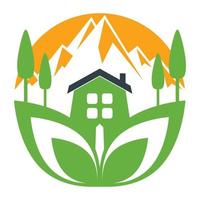 hausvermietungen mit bergblick-logo-design. einfaches logo für natürliche immobilien. vektor