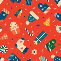 retro festliches weihnachtsnahtloses muster mit weihnachtssymbolgeschenken, strümpfen, hüten, handschuhen, schneeflocken, süßigkeiten. Vektor-Illustration vektor