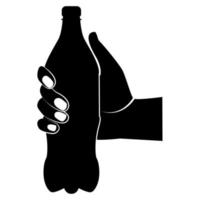 Symbol Flasche Soda schwarze Silhouette in der Hand halten. Cola in Kunststoff-Tarre-Piktogramm. kohlensäurehaltiges Getränk. erfrischende Cola oder Coda. Vektor flaches Design. isoliert auf weißem Hintergrund. Symbol für Fast-Food-Getränke