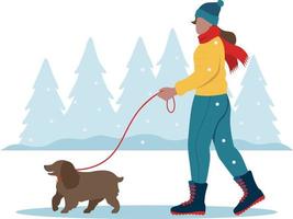 flicka gående med hund i vinter- mysigt vektor illustration i platt stil