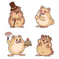 süßes Hamster-Set. Romantik und Liebe. kawaii Zeichentrickfiguren. Vektor-Illustration isoliert auf weißem Hintergrund. vektor