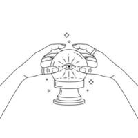 Zauberlinie Kristallkugel mit Auge der Vorsehung in den Händen der Wahrsagerin. vektor
