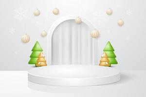 weihnachten und neujahr weißes podium mit weihnachtsbaumdekorationshintergrund vektor