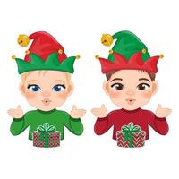 Cartoon-Design der frohen Weihnachten mit aufregendem Jungen und Mädchen tragen einen bunten Pullover und eine Geschenkbox auf weißem Hintergrundvektor vektor