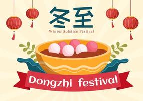 dongzhi eller vinter- solstånd festival mall hand dragen tecknad serie platt illustration med familj njuter kinesisk mat tangyuan och Jiaozi begrepp vektor