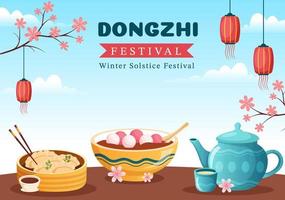 dongzhi eller vinter- solstånd festival mall hand dragen tecknad serie platt illustration med familj njuter kinesisk mat tangyuan och Jiaozi begrepp vektor