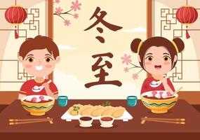 dongzhi oder wintersonnenwende festival vorlage handgezeichnete flache illustration der karikatur mit der familie, die chinesisches essen tangyuan und jiaozi konzept genießt vektor