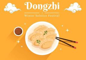 dongzhi oder wintersonnenwende festival vorlage handgezeichnete flache illustration der karikatur mit der familie, die chinesisches essen tangyuan und jiaozi konzept genießt vektor