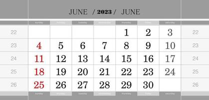 juni 2023 vierteljährlicher kalenderblock. Wandkalender in Englisch, Woche beginnt am Sonntag. vektor