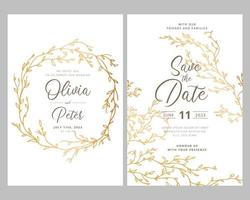 goldene hochzeitseinladung, save the date, danke, rsvp-kartenentwurfsvorlage, goldene blätter hochzeitseinladungskartenvorlage vektor