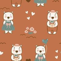 sömlös mönster av söt par björnar på brun naken bakgrund. kreativ barnslig grafik platt illustration för tyg, textil, Hem, barnkammare, tapet, förpackning, dekoration, barn kläder. vektor