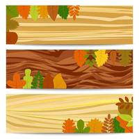 Herbstfahnen. Drei Herbstbanner mit gelben Blättern auf einem Holztisch. Vektor-Illustration. vektor