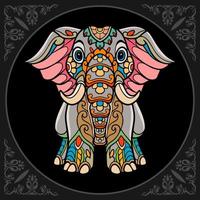 färgrik söt elefant tecknad serie mandala konst isolerat på svart bakgrund vektor
